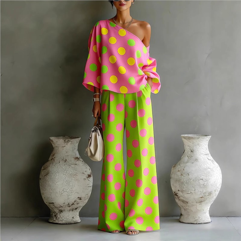 Blouse Off Shoulder - Women's Polka Dot 2 Piece Outfit