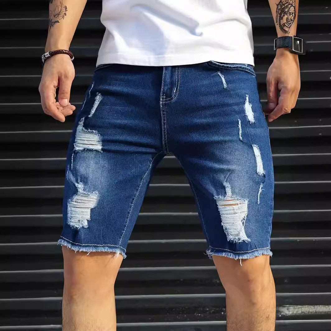 Shorts Denim Frayed - Men's Denim Shorts Blue Slim Fit