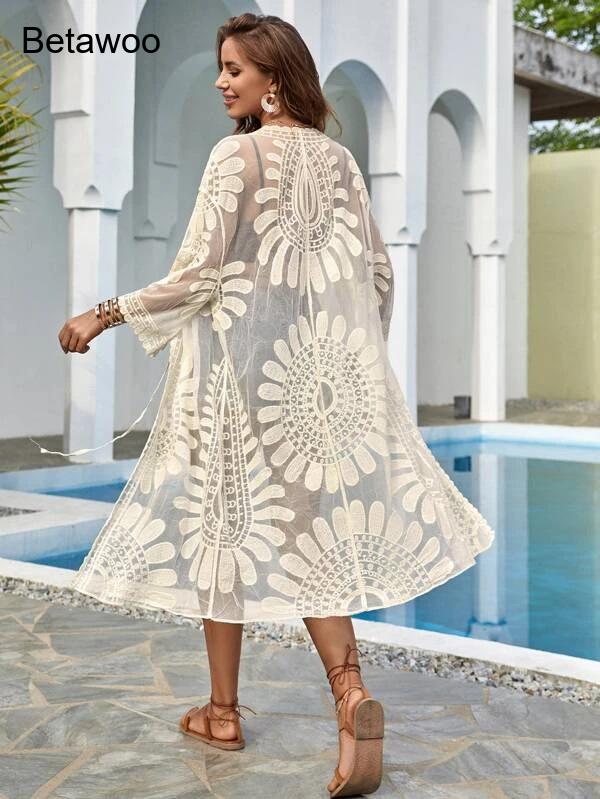Women White Boho Floral Hollow – Kimono Sheer Floral recenzja i cena