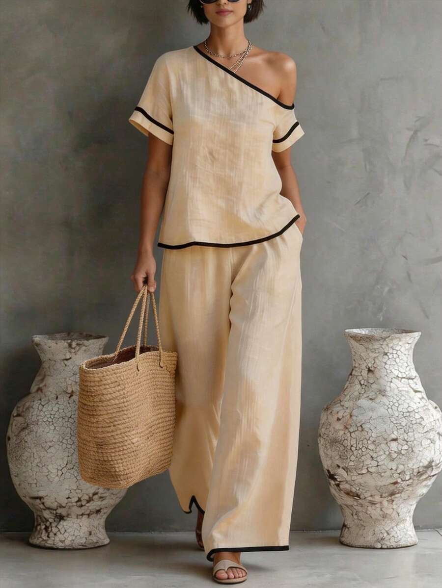 Womens Beige Asymmetric Top An – Linen Pant Wide recenzja i cena