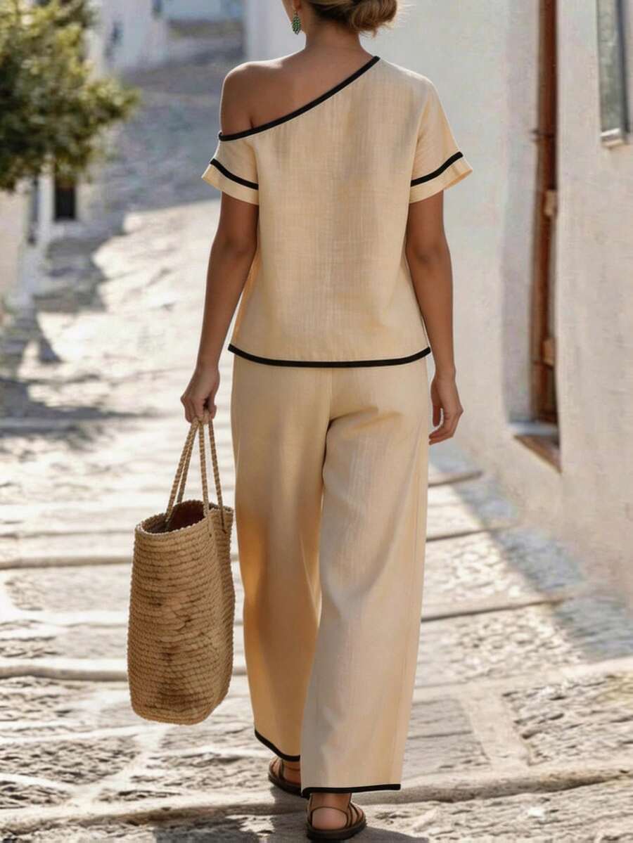 Womens Beige Asymmetric Top An – Linen Pant Wide recenzja i cena