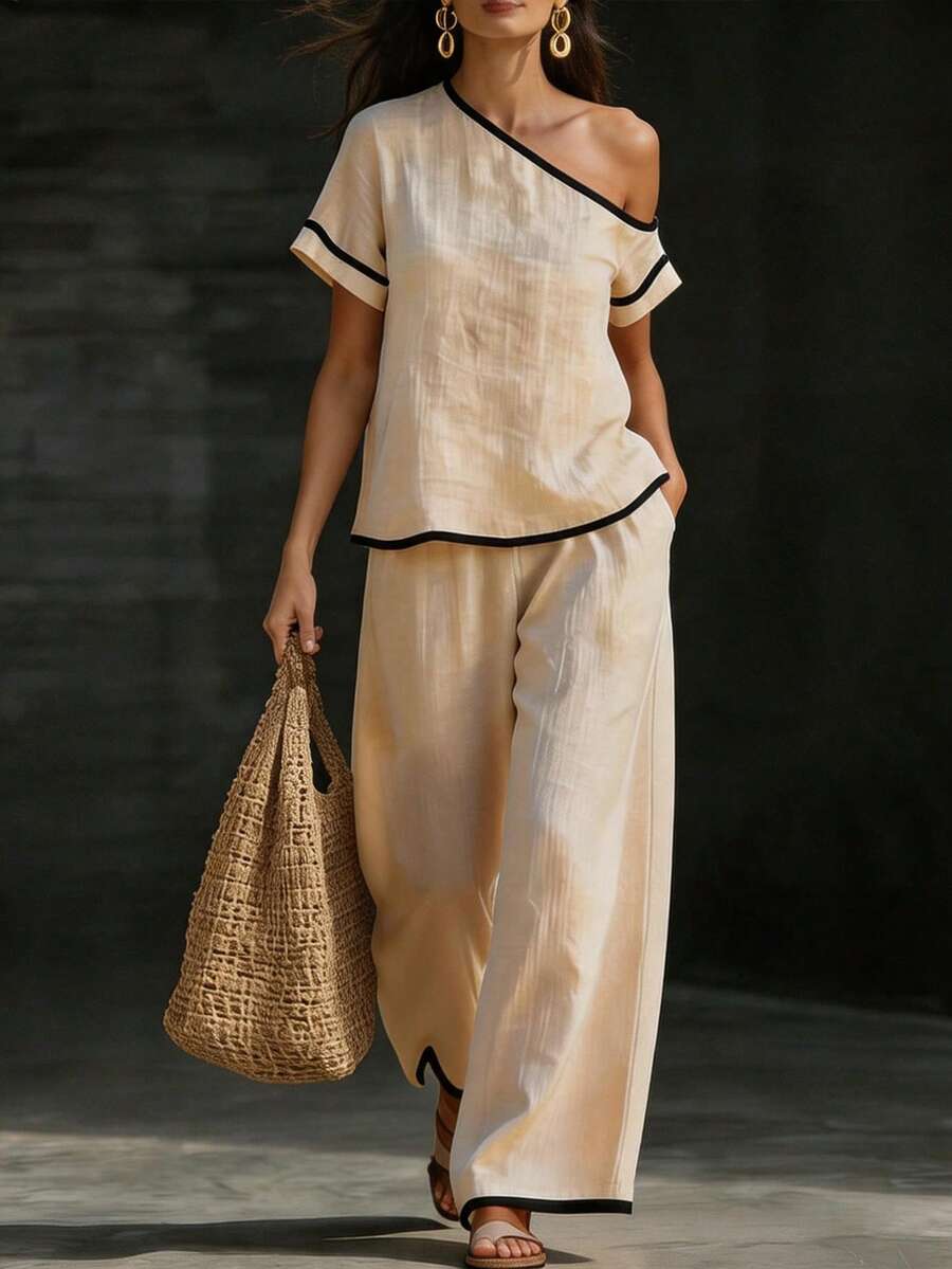Womens Beige Asymmetric Top An – Linen Pant Wide recenzja i cena