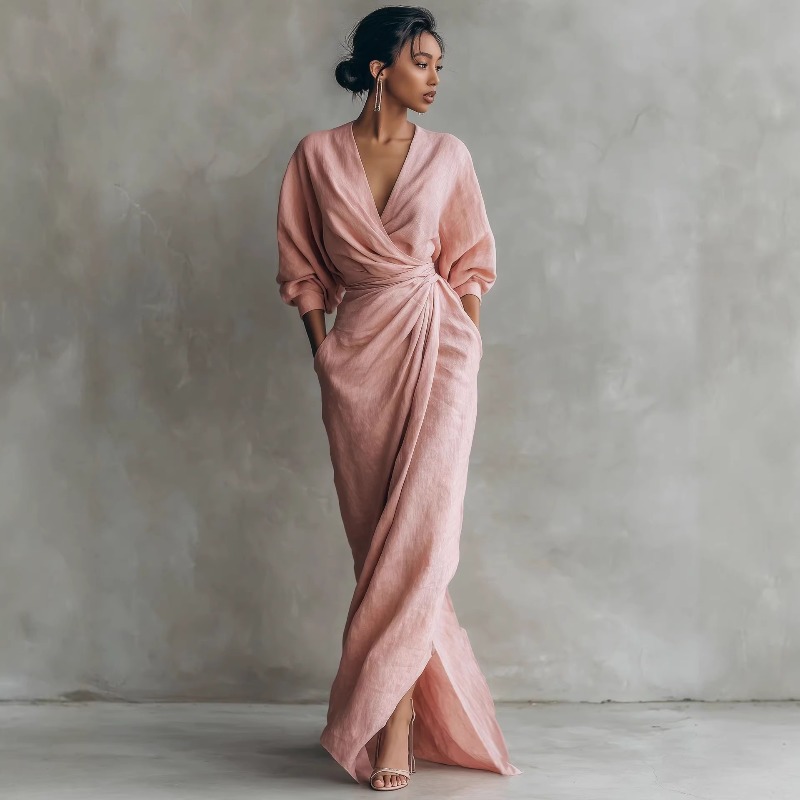 Women's Pink Linen Wrap Maxi D – Linen Dress Wrap recenzja i cena