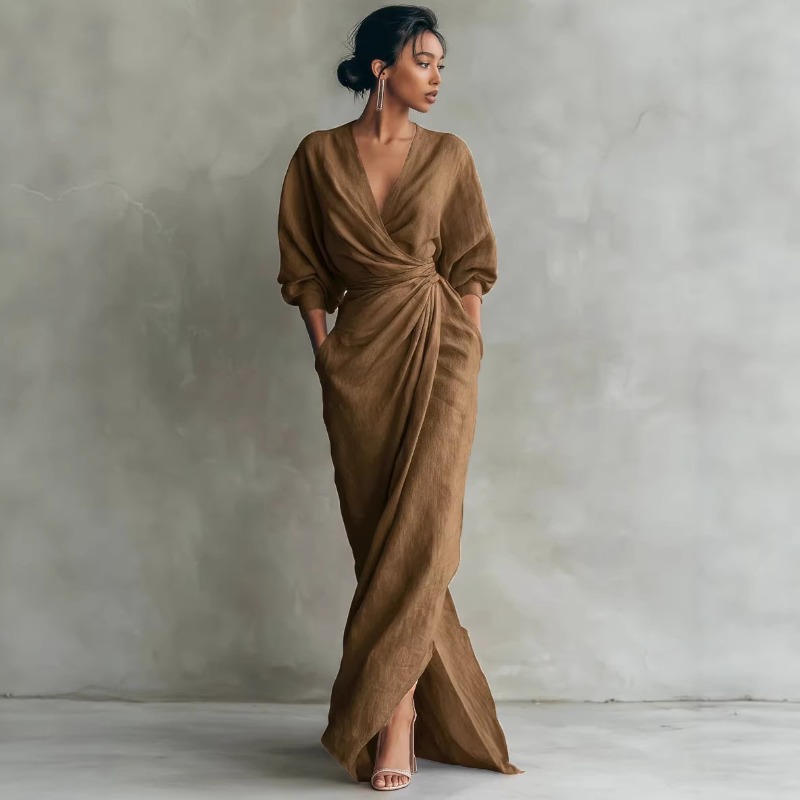 Women's Pink Linen Wrap Maxi D – Linen Dress Wrap recenzja i cena