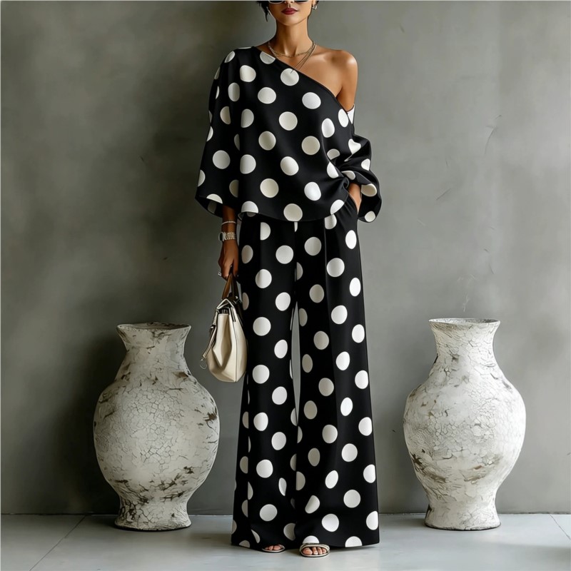 Women's Polka Dot 2 Piece Outf – Blouse Off Shoulder recenzja i cena