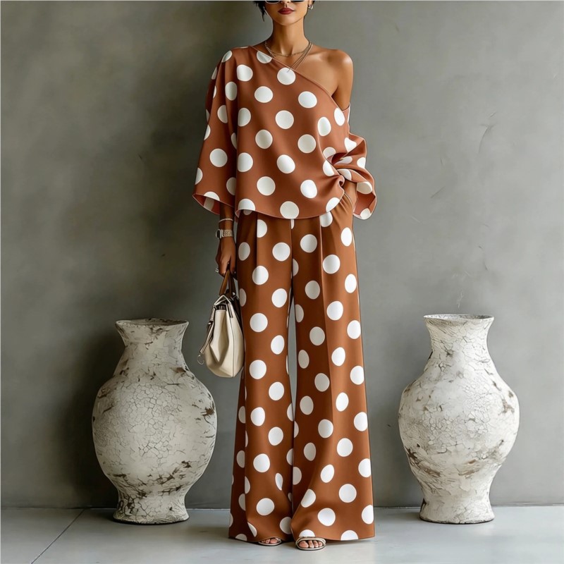 Women's Polka Dot 2 Piece Outf – Blouse Off Shoulder recenzja i cena