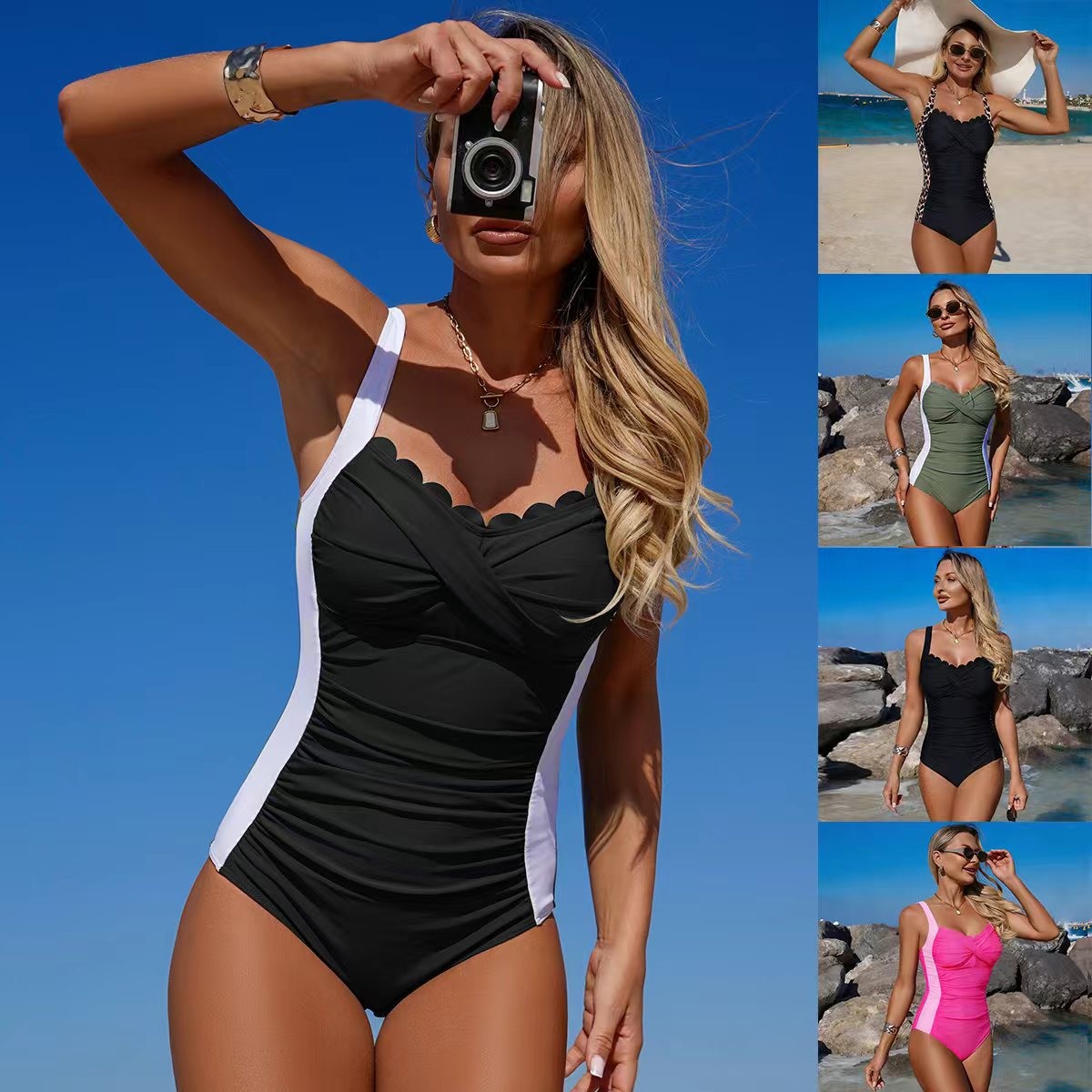 Black Swimsuit Scalloped Neckl – Swimsuit Bikini Ruched recenzja i cena