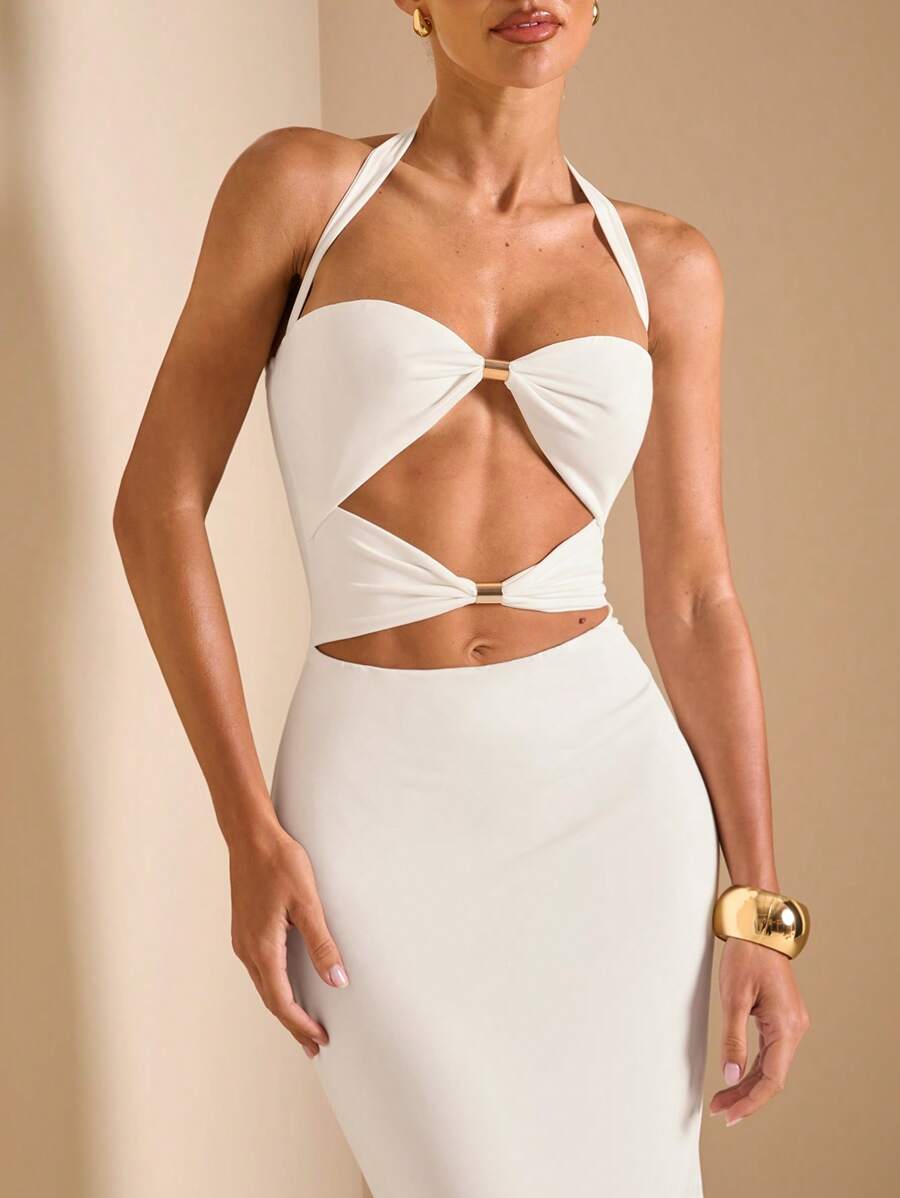 White Cut Out Halter Neck Fitt – Maxi Dress Halter recenzja i cena