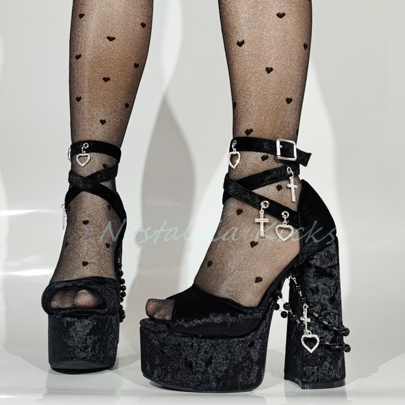 Gothic Black Velvet Platform H – Sandal Strappy Heeled recenzja i cena