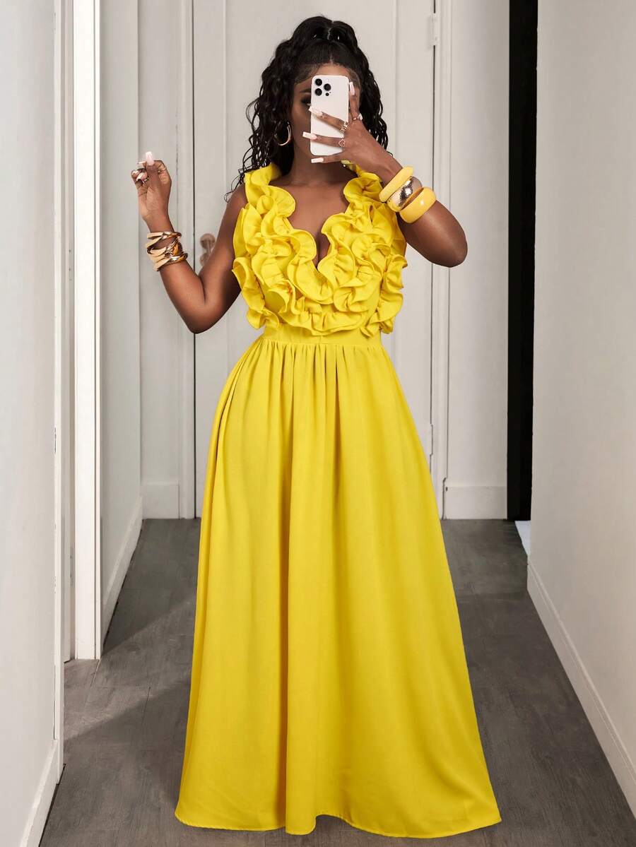 Yellow Deep V-Neck Ruffle Halt – Maxi Dress Halter recenzja i cena