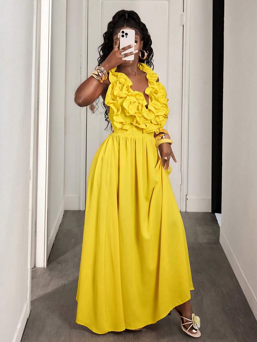 Yellow Deep V-Neck Ruffle Halt – Maxi Dress Halter recenzja i cena