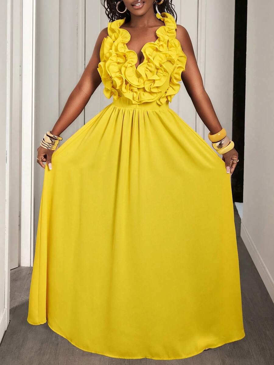 Yellow Deep V-Neck Ruffle Halt – Maxi Dress Halter recenzja i cena