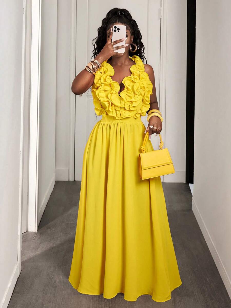 Yellow Deep V-Neck Ruffle Halt – Maxi Dress Halter recenzja i cena