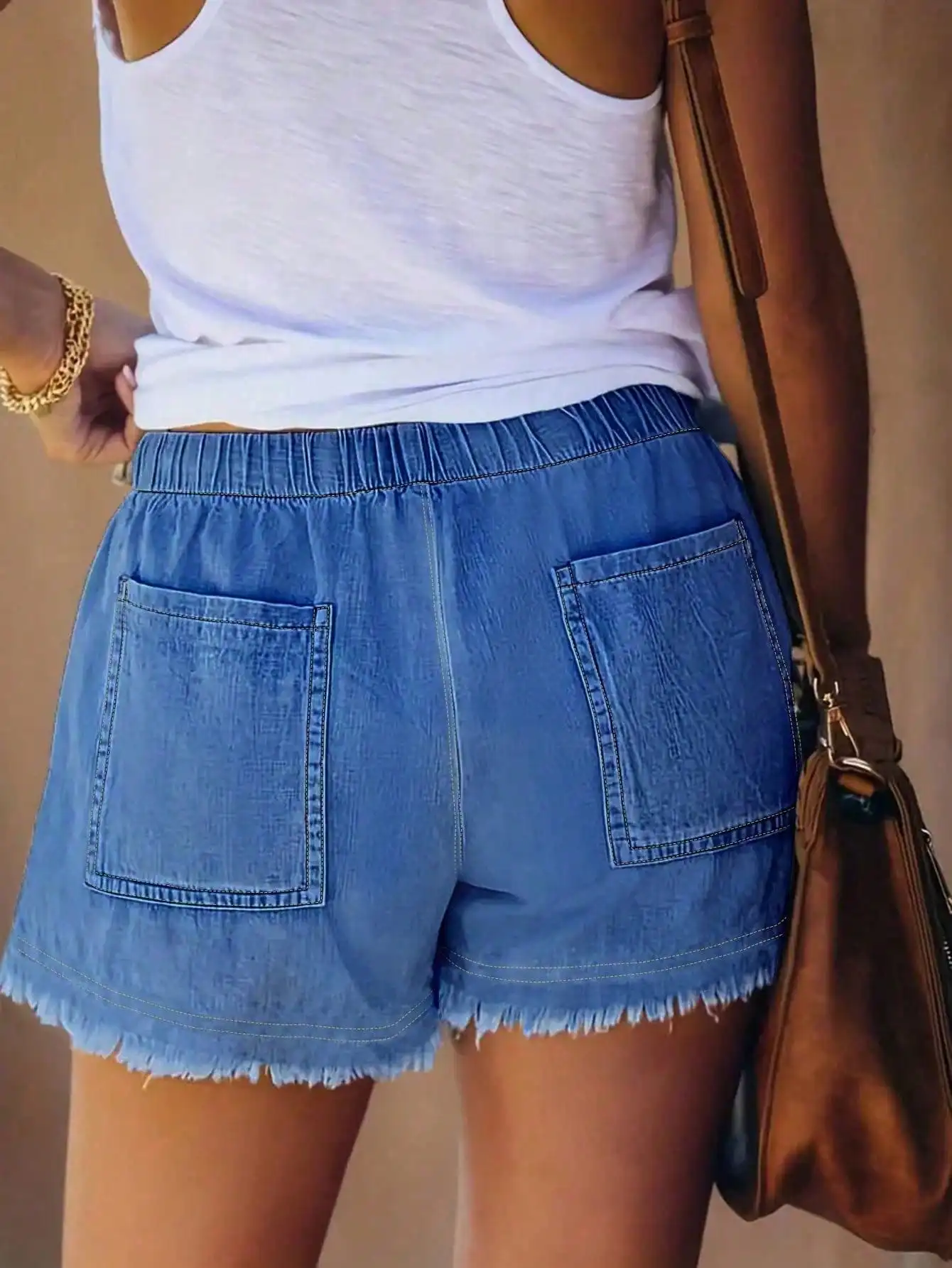 Women's Elastic Waist Frayed H – Shorts Denim Frayed recenzja i cena