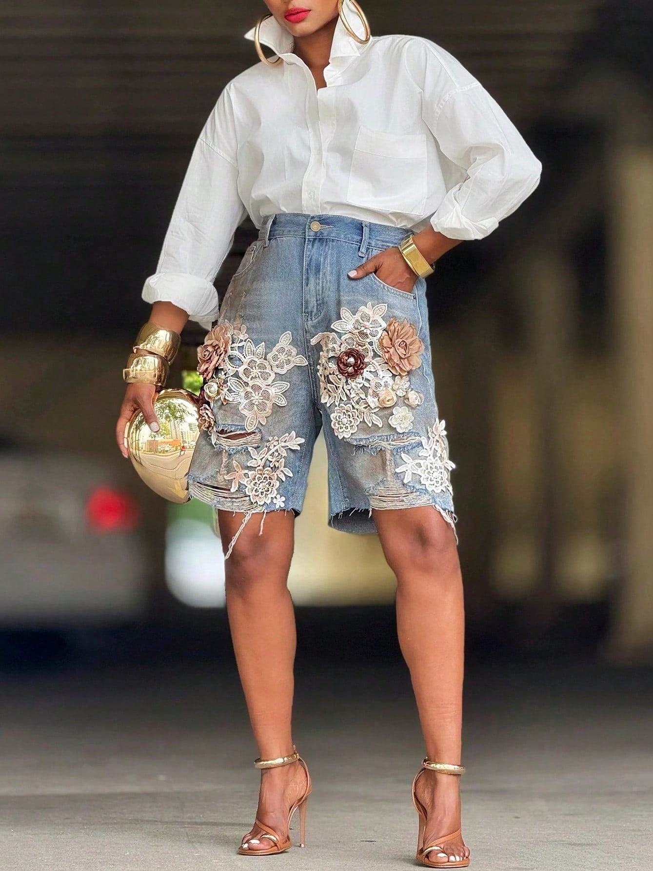 GLOURI Women 3D Floral Appliqu – Shorts Denim Frayed recenzja i cena