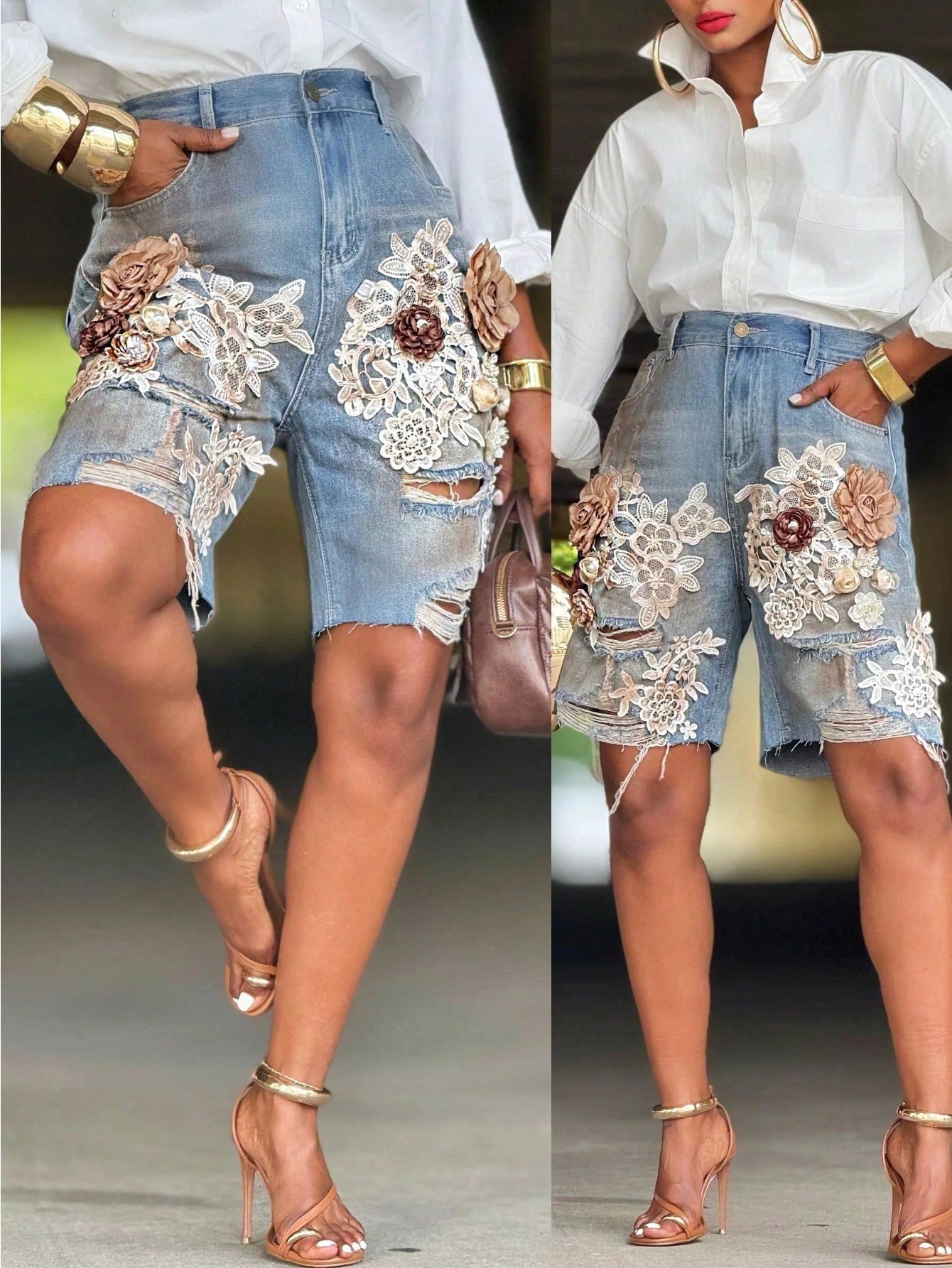 GLOURI Women 3D Floral Appliqu – Shorts Denim Frayed recenzja i cena