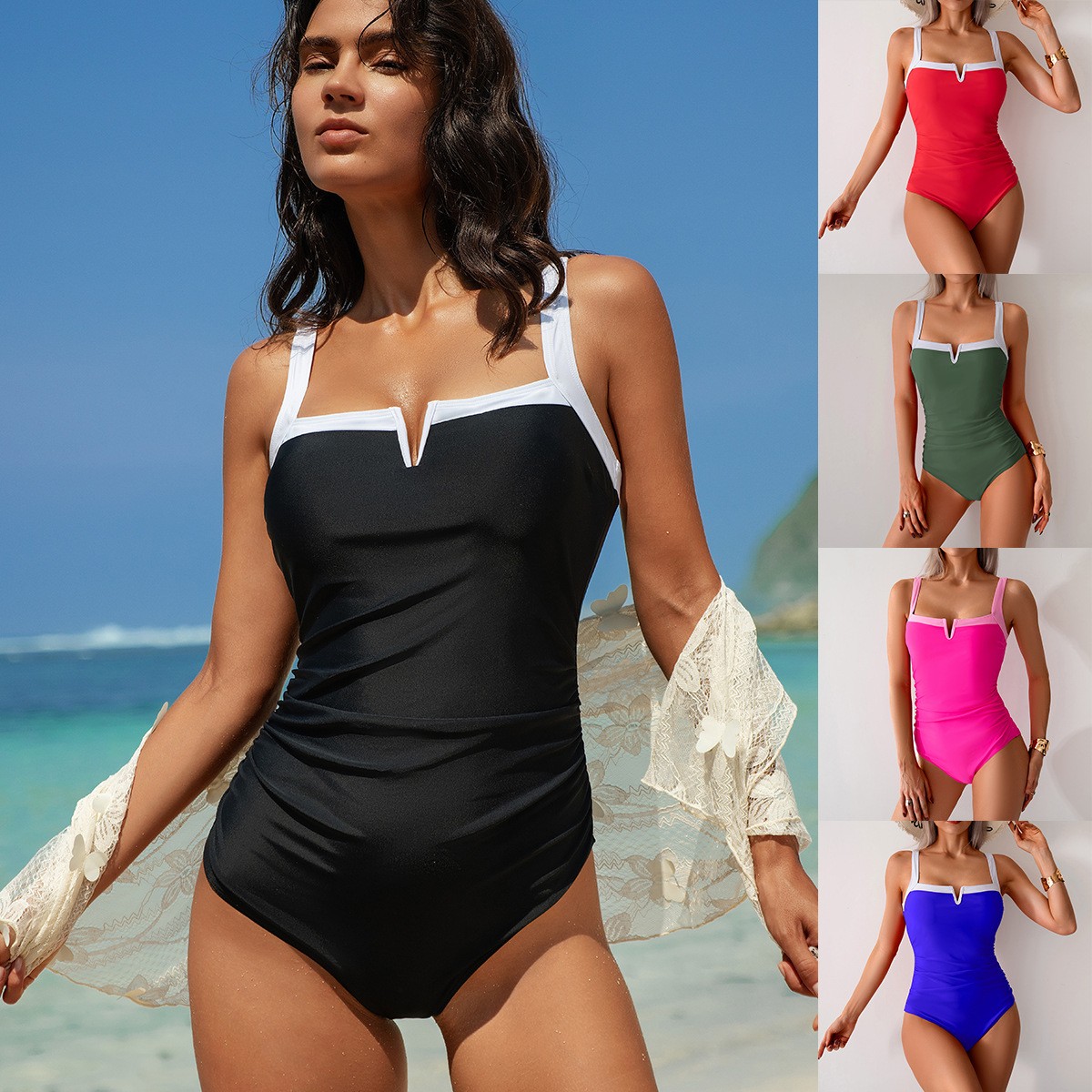 Black Swimsuit V Neck Red Biki – Swimsuit Bikini Ruched recenzja i cena