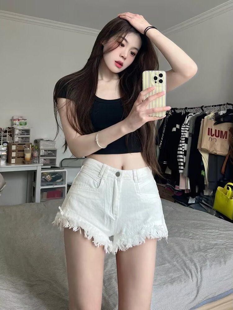 High Waist White Denim Shorts  – Shorts Denim Frayed recenzja i cena
