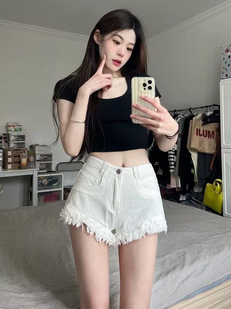 High Waist White Denim Shorts  – Shorts Denim Frayed recenzja i cena
