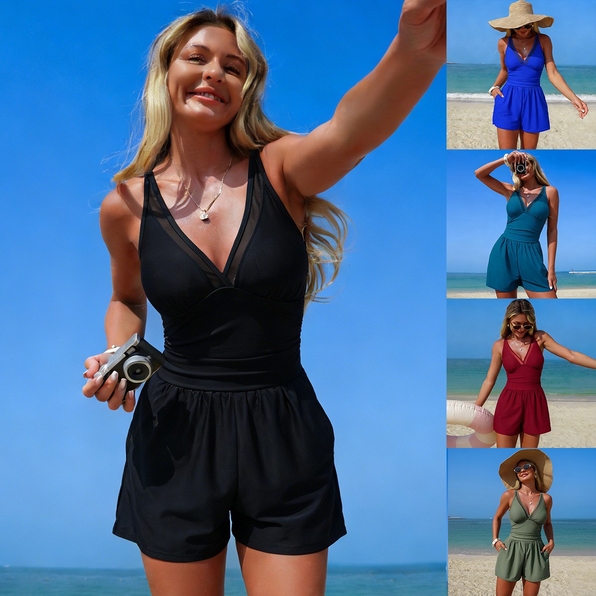 Black Solid Color Sleeveless V – Swimsuit Bikini Ruched recenzja i cena