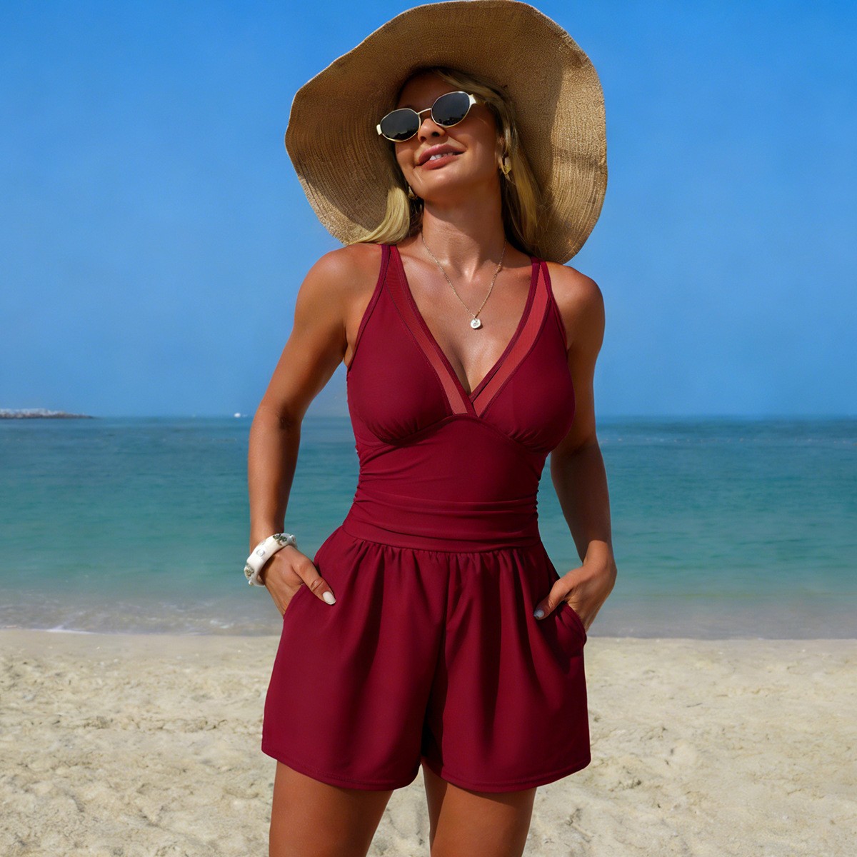 Black Solid Color Sleeveless V – Swimsuit Bikini Ruched recenzja i cena