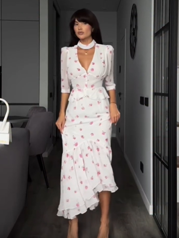 Women White Pink Floral Choker – Midi Skirt Floral recenzja i cena