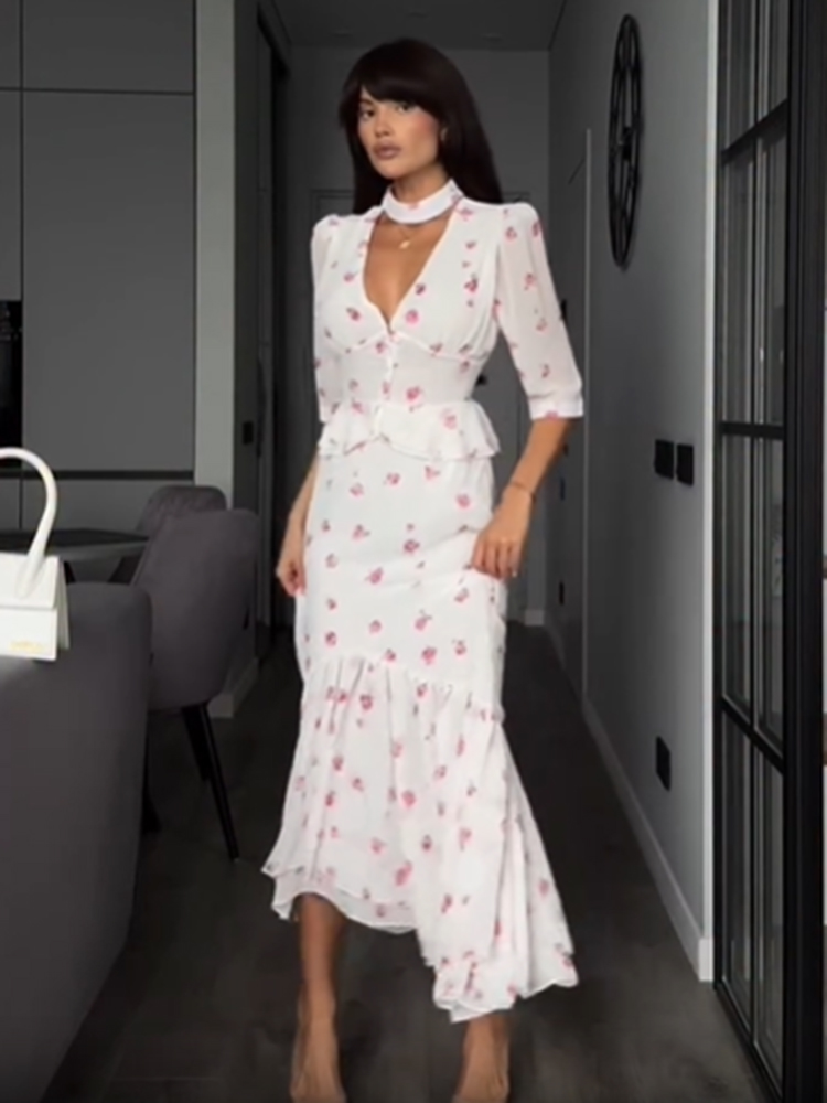 Women White Pink Floral Choker – Midi Skirt Floral recenzja i cena