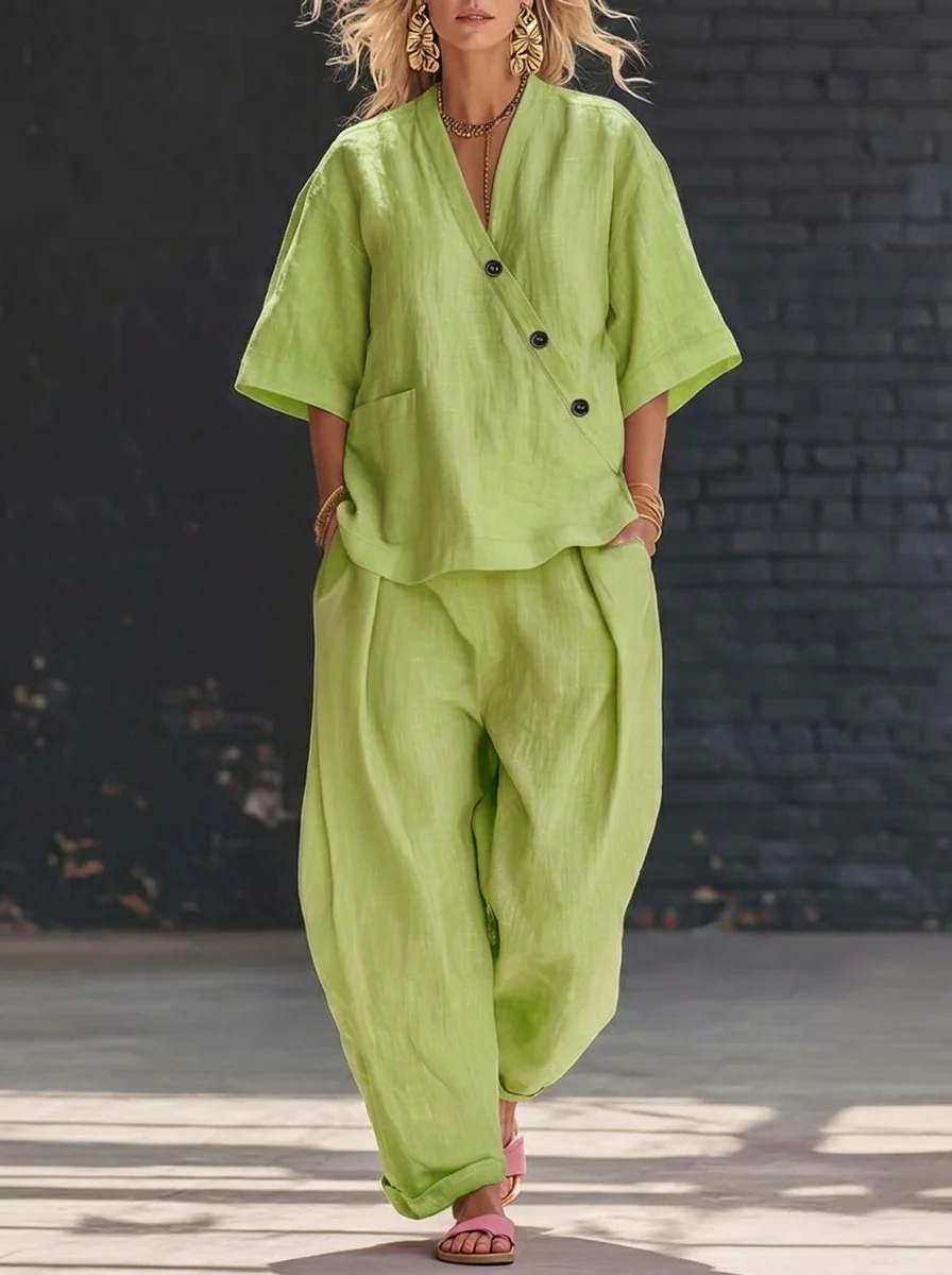 Women’s Two Piece Set Loose V  – Linen Pant Wide recenzja i cena