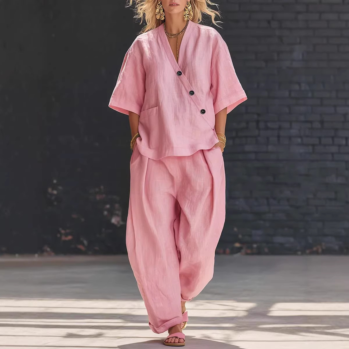 Women’s Two Piece Set Loose V  – Linen Pant Wide recenzja i cena