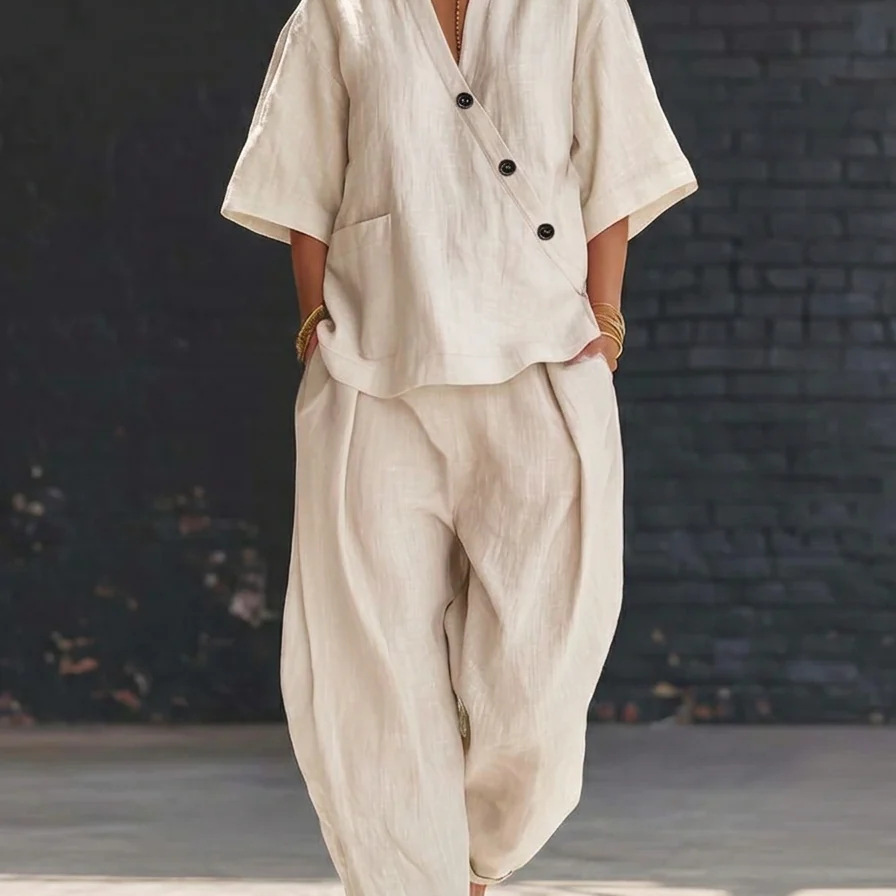Women’s Two Piece Set Loose V  – Linen Pant Wide recenzja i cena