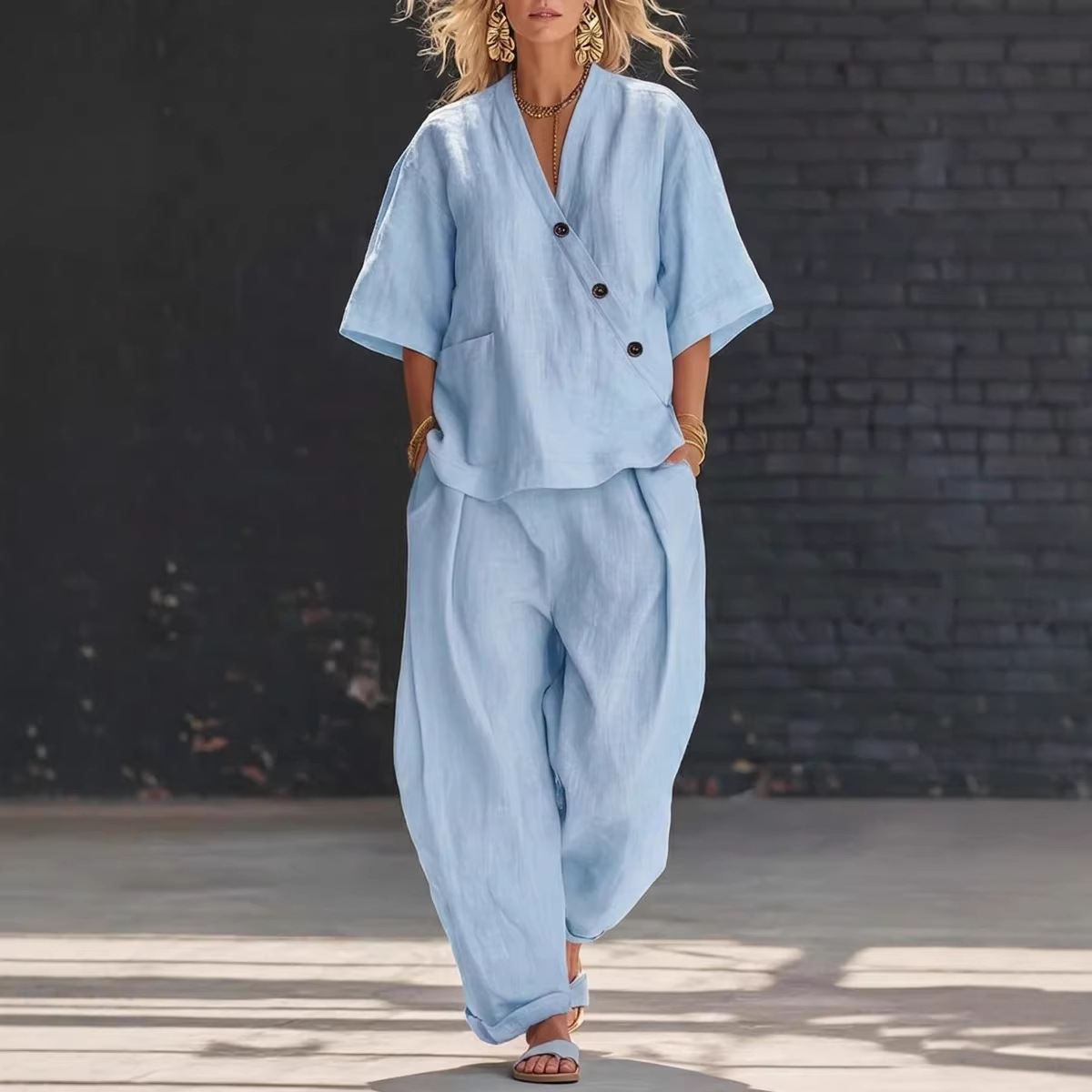 Women’s Two Piece Set Loose V  – Linen Pant Wide recenzja i cena