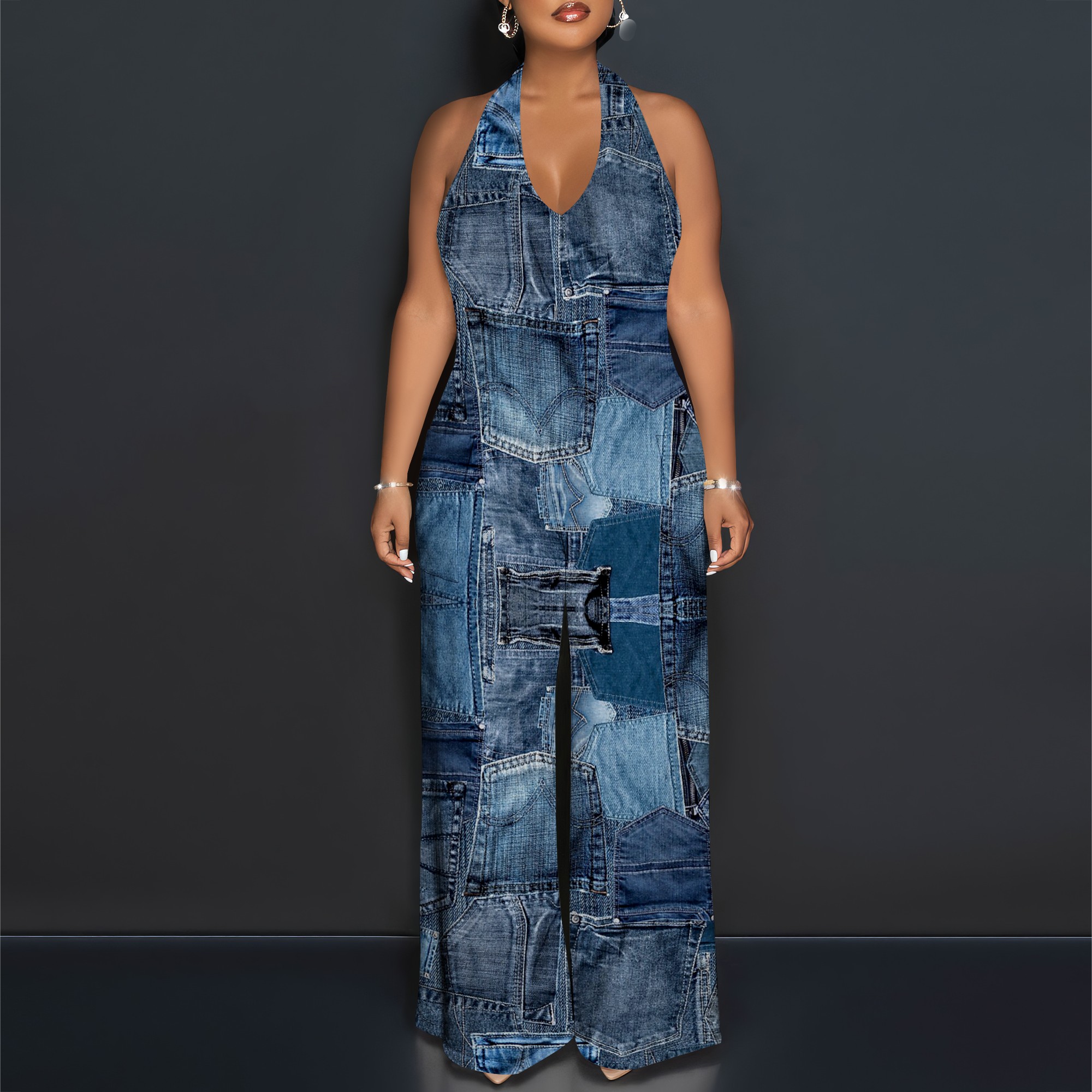 Denim Patchwork Halter V-Neck  – Maxi Dress Halter recenzja i cena