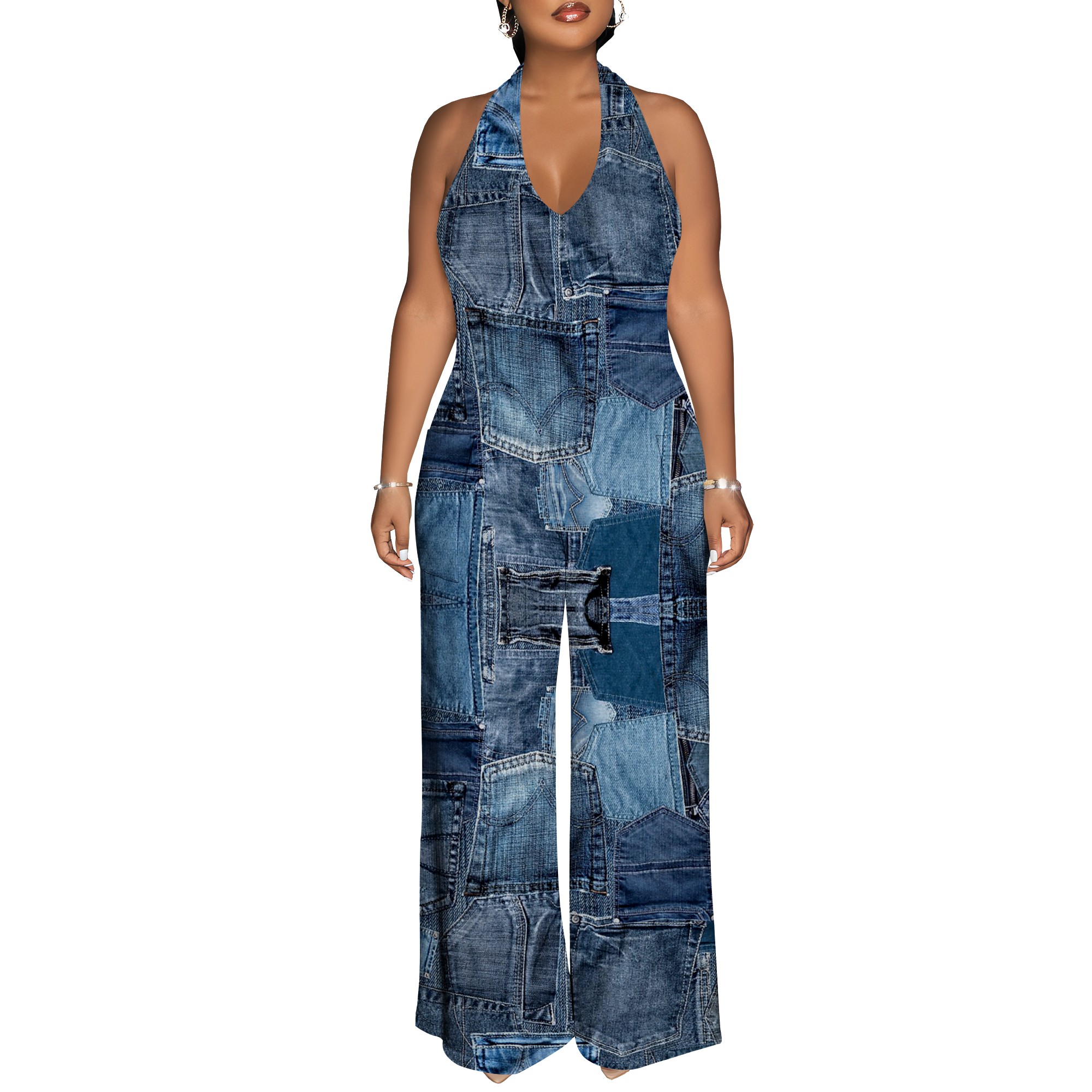 Denim Patchwork Halter V-Neck  – Maxi Dress Halter recenzja i cena