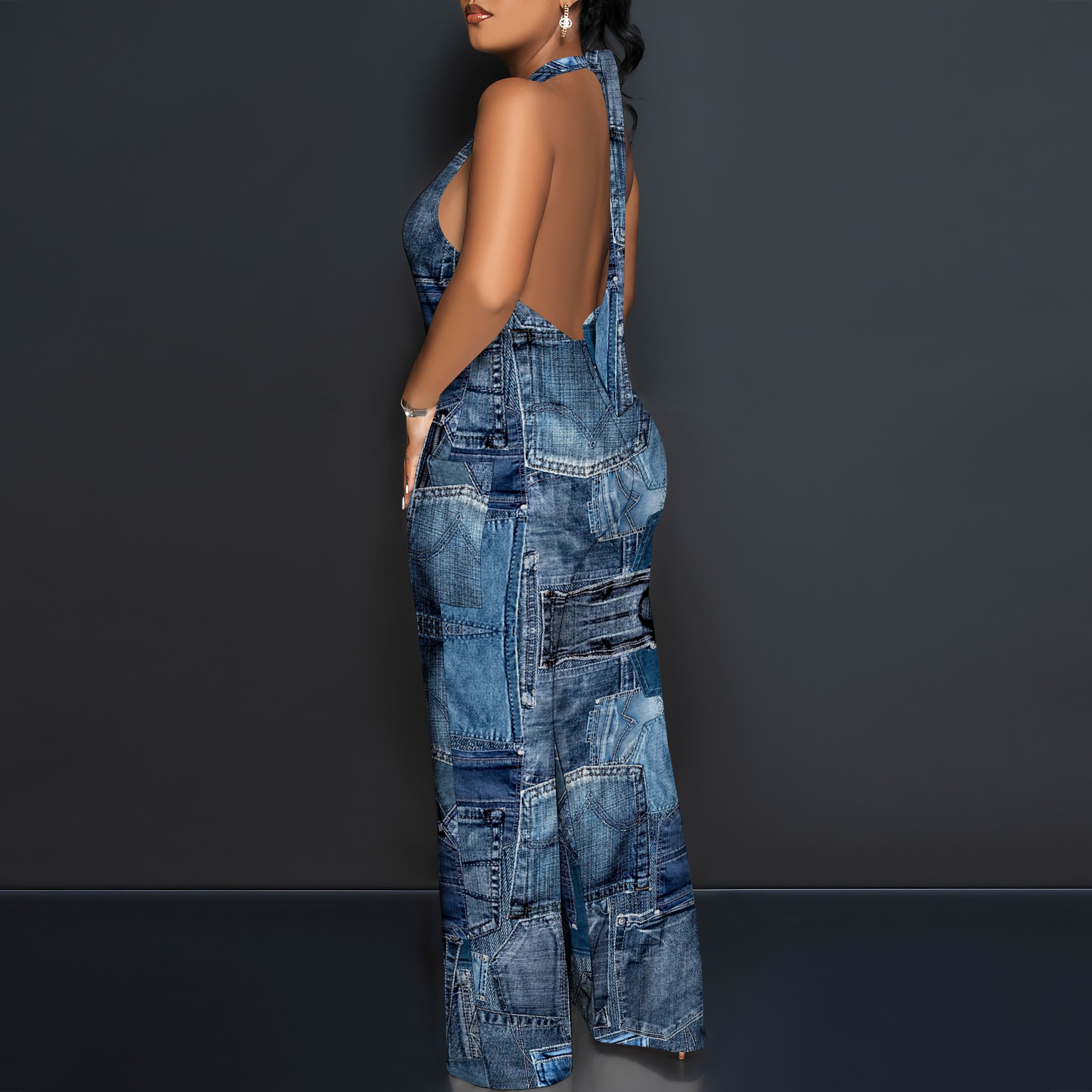 Denim Patchwork Halter V-Neck  – Maxi Dress Halter recenzja i cena