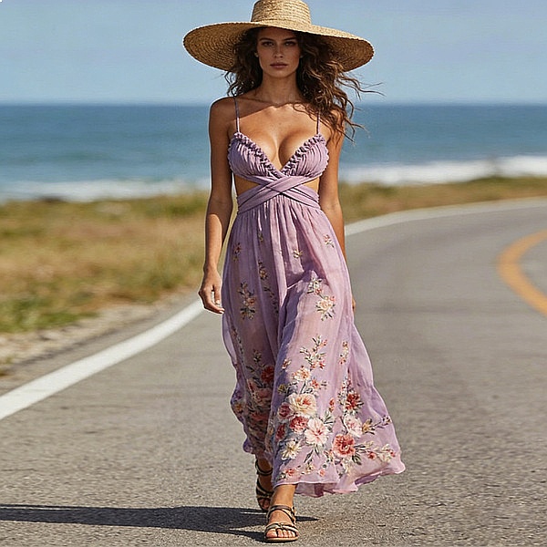 Women's Chiffon Floral Print L – Maxi Dress Halter recenzja i cena